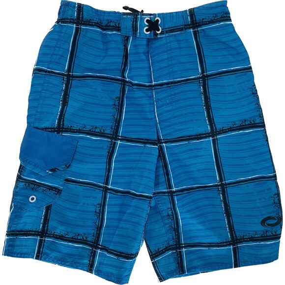 O Rageous Swim Trunks Boy S 14/16 L Blue Plaid Stripe Elastic & Tie Waist Pocket - Picture 1 of 10